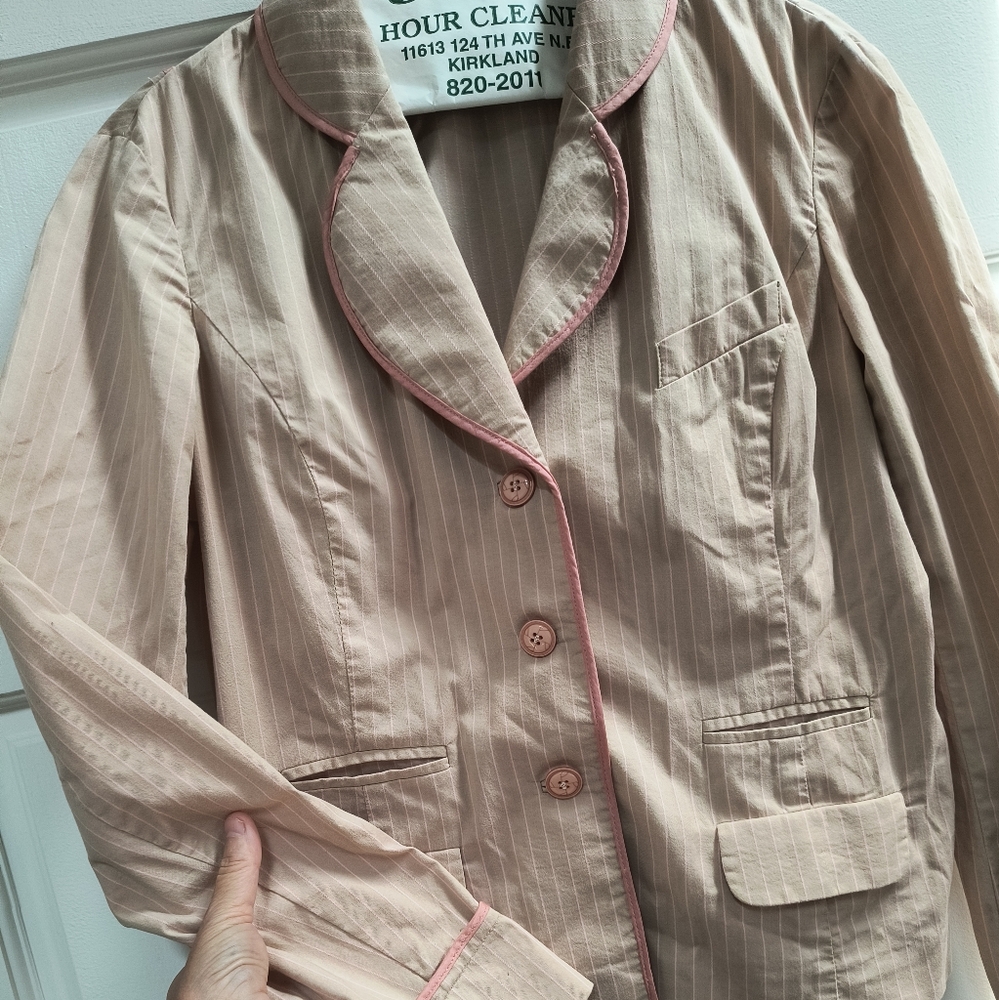 elevenses Beige Pinstripe Blazer with Pink Piping